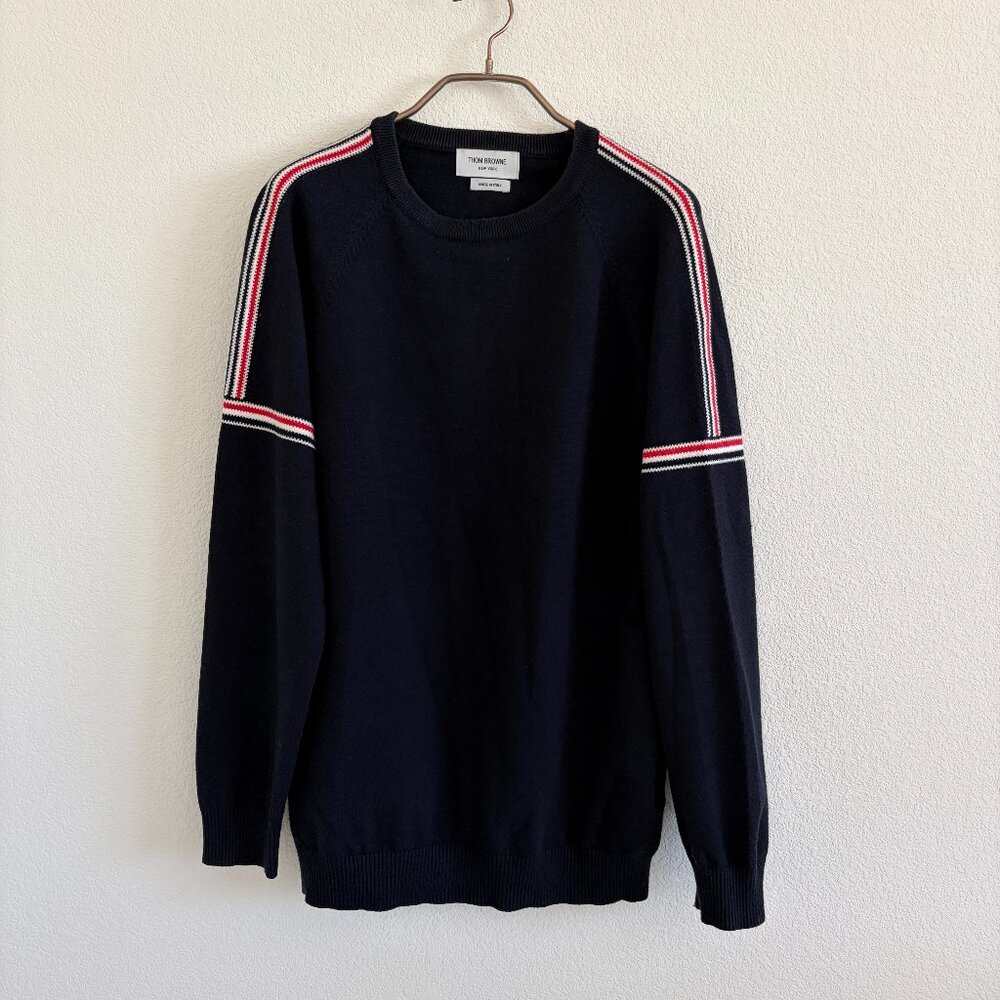 Theory Navy Sweater with Red and White Accents